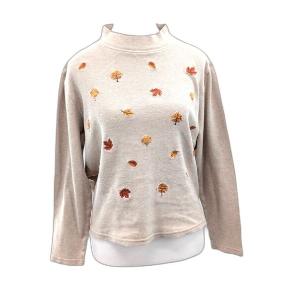 Studio Works Vintage Fall Leaf Beige Pullover Mock Neck Sweater Size Medium - Picture 1 of 7